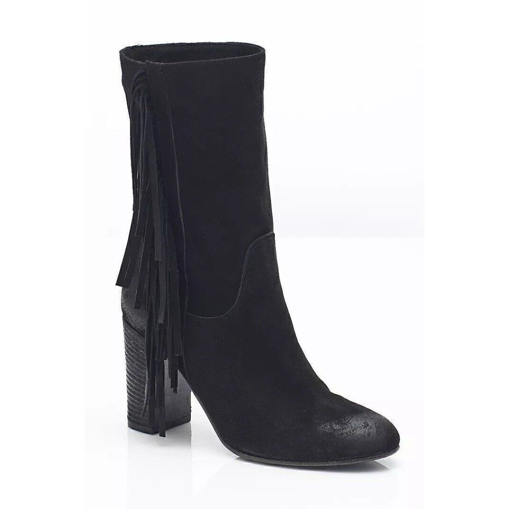 NEW FREE PEOPLE Sz 39 WILD ROSE SLOUCH BOOT FRINGE HEELED BOOT IN BLACK